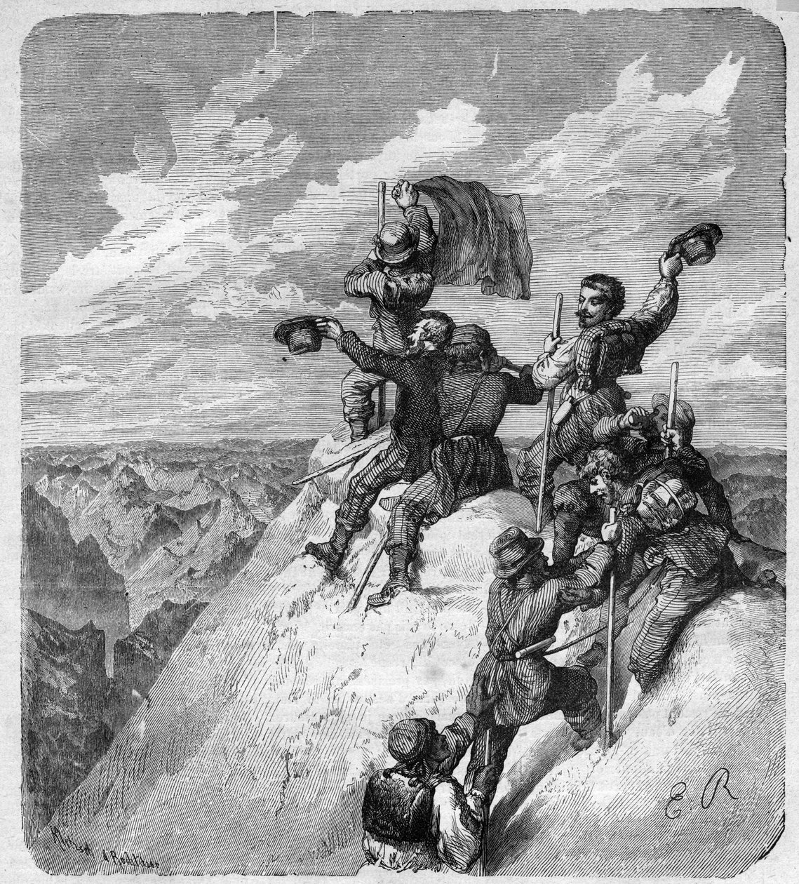 イリマニの昇天（6.439m）（Nevado Illimani, peak of Paris）Charles Wiener（1851-1913）フランスの探検家・外交官とその仲間たちによるもので、1887年の「journal des voyages」に掲載された彫刻。 作： 無名の画家
