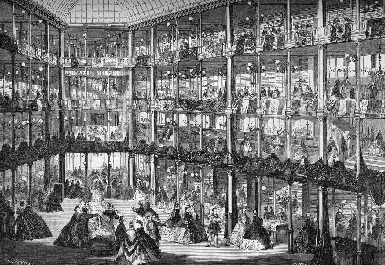 デパート「Au Corner de la rue」（モンテスキュー通りとボン・ザンファン通りの角）の外観。1864年9月、パリ。 作： 無名の画家
