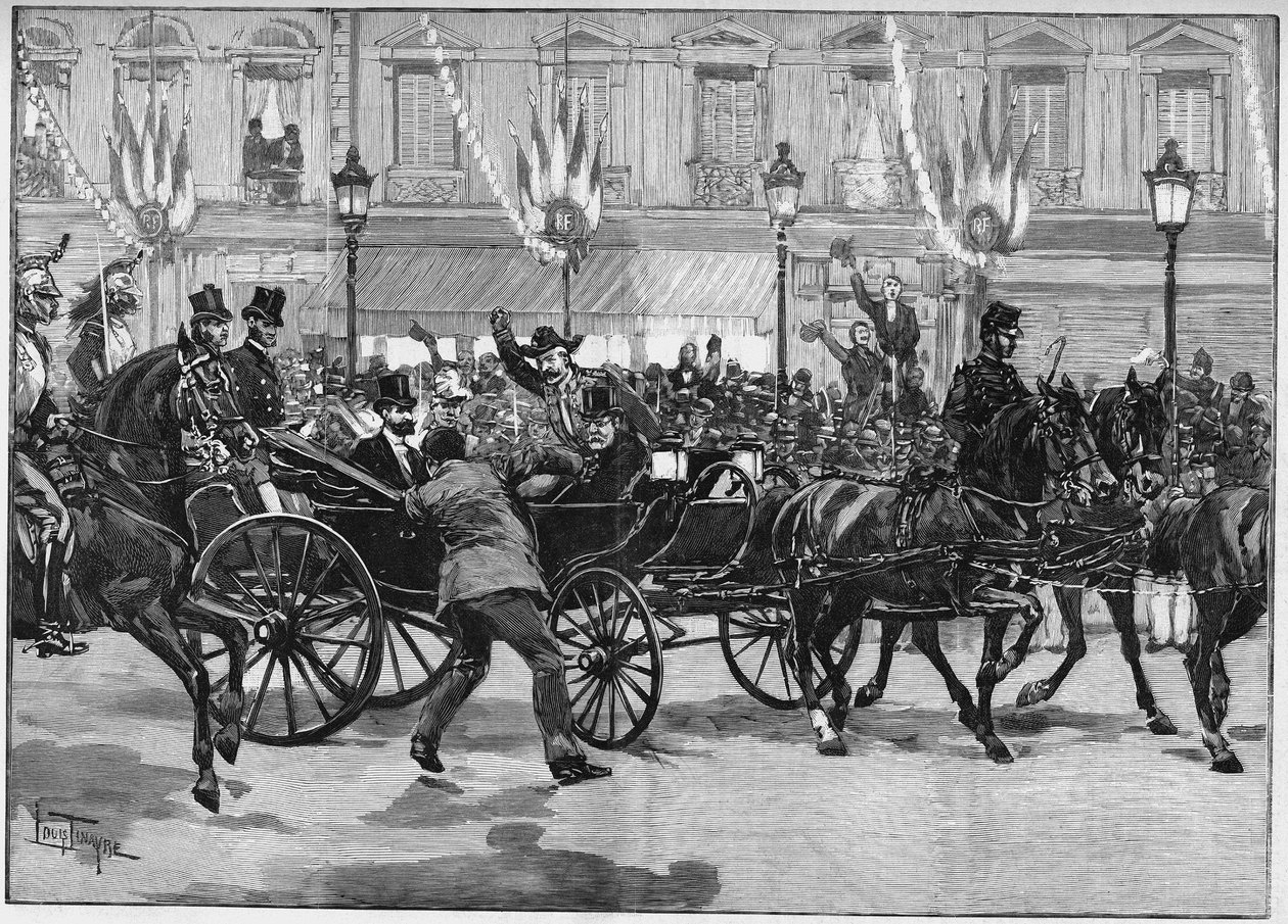 共和国大統領サディ・カルノー（1837-1894）をアナキストのカセリオが暗殺する。1894年6月24日。 作： 無名の画家