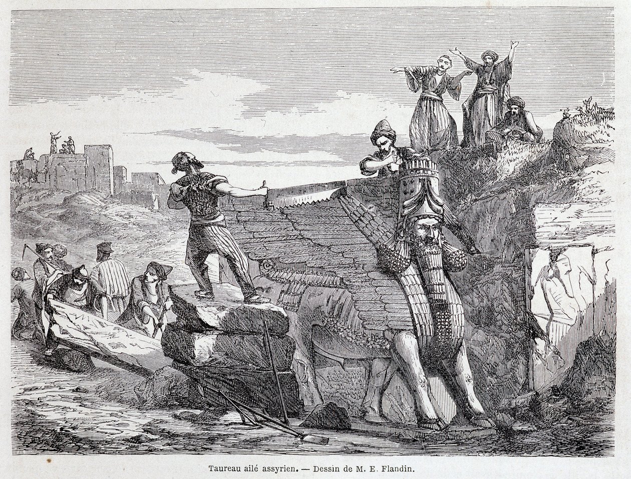 ニネベ遺跡のアッシリアの翼のある雄牛 - "Tour du monde" 1st sem.に掲載。1863. 作： 無名の画家