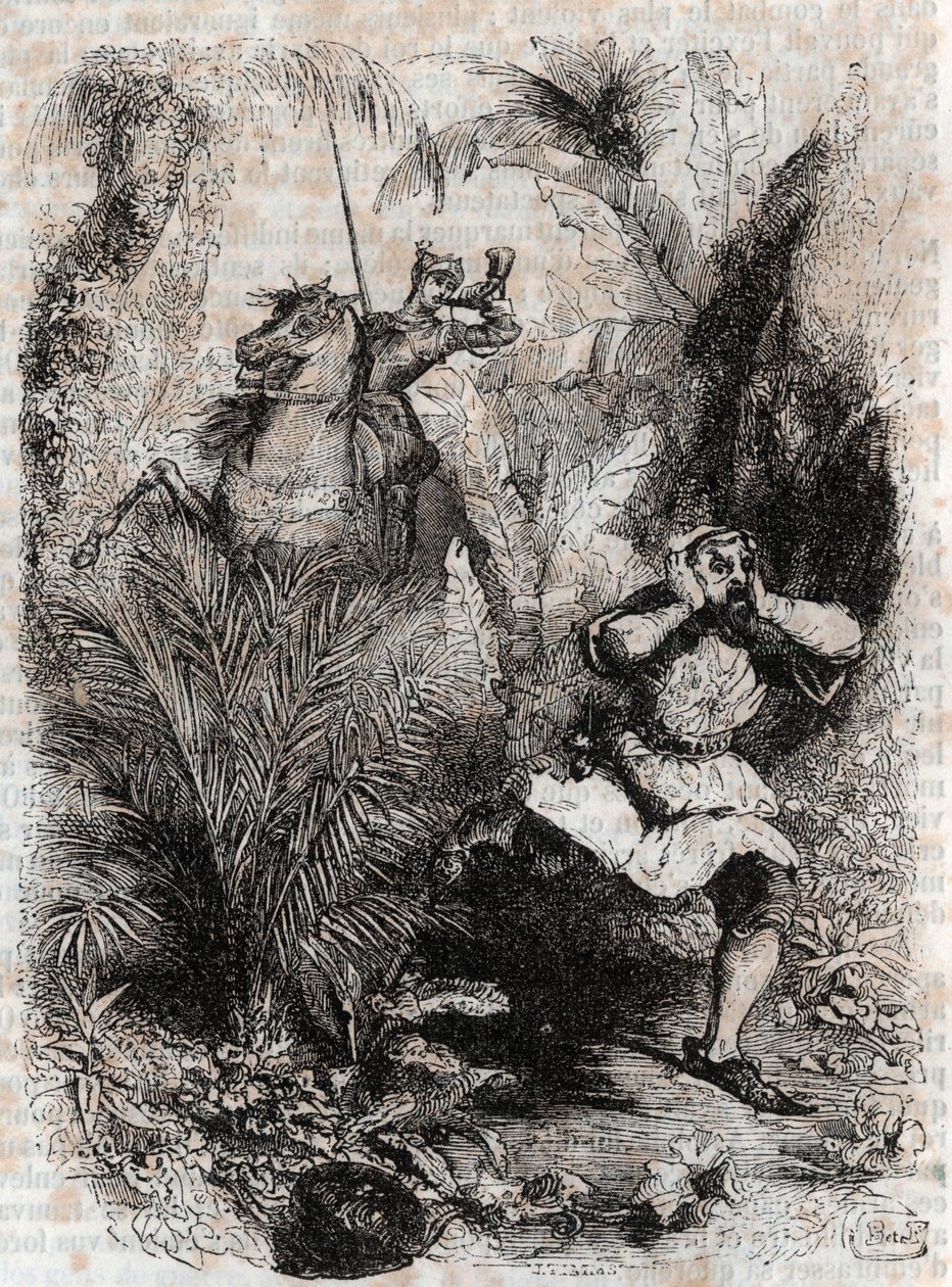 Astolphe makes Caligorant flee - 1851年に出版されたLudovico Ariostoの "Furious Roland" (Orlando furioso) (16世紀)のエングレーヴィング、通称Ariosto - Tressan伯爵がイタリア語から翻訳し、Gustave Harvardが出版した版。 作： 無名の画家
