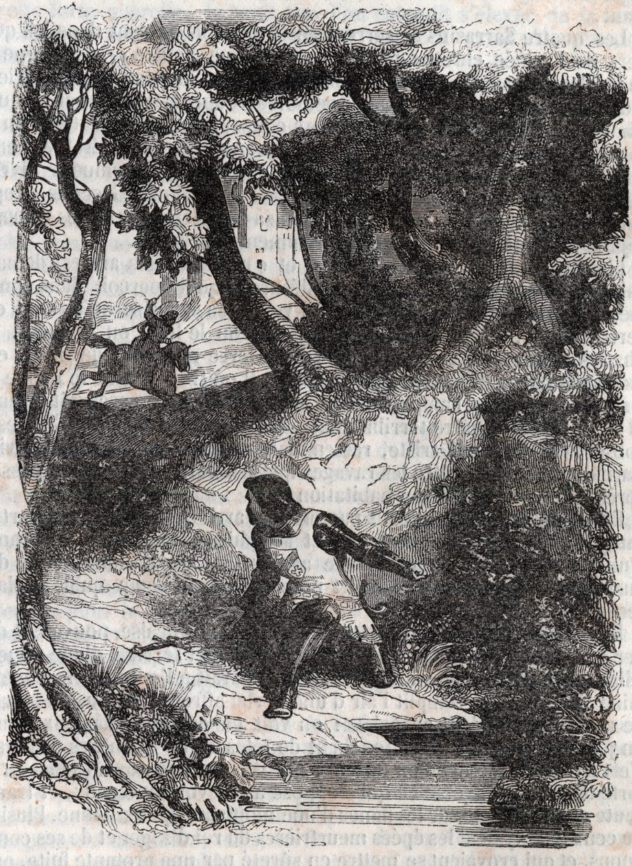 泉のほとりのアストルプ-ルドヴィコ・アリオストの「激情のロラン」（Orlando furioso）（16世紀）より1851年の版画、通称「アリオスタ」-トレッサン伯爵がイタリア語から翻訳し、ギュスターヴ・ハーヴァードが出版した版。 作： 無名の画家