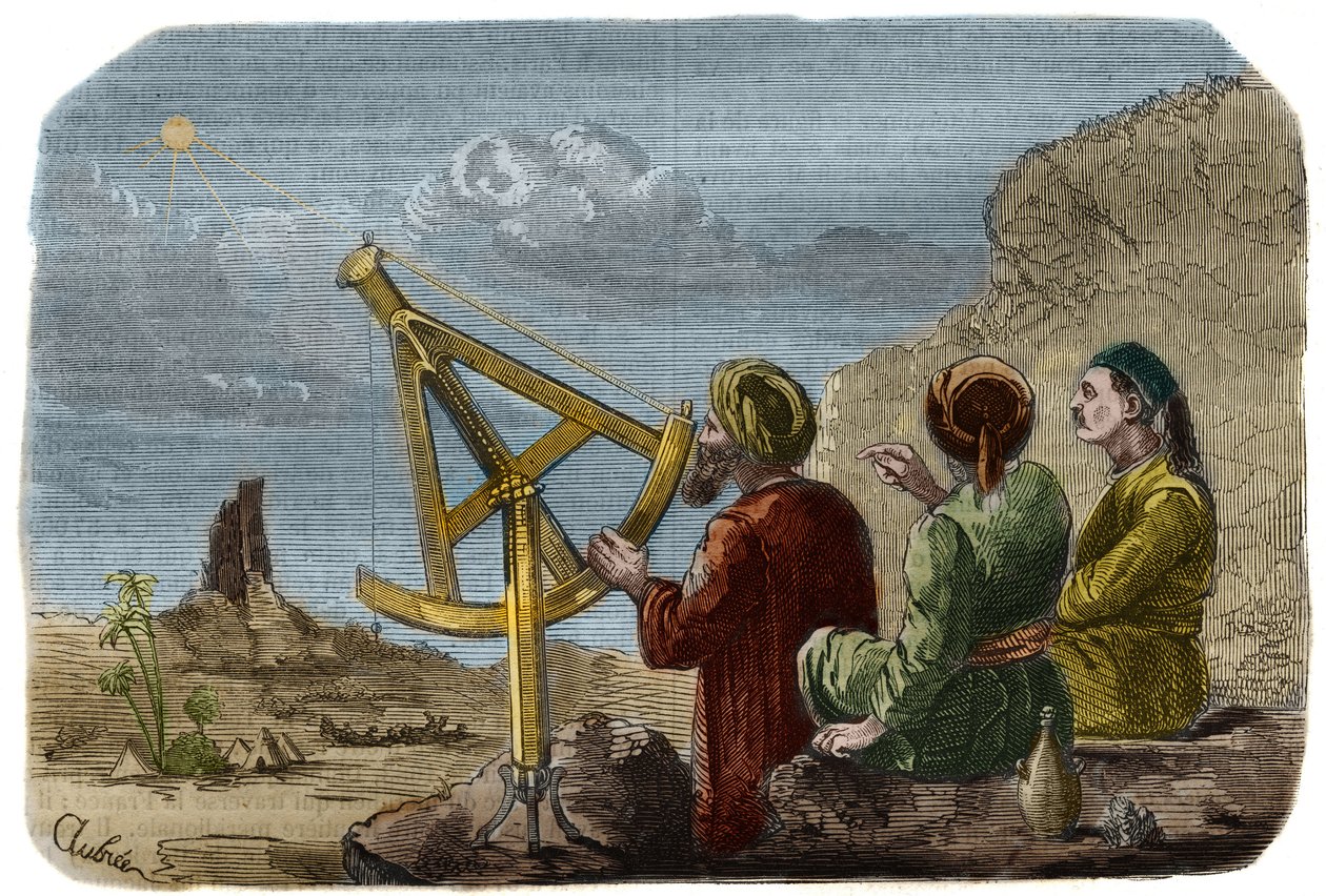 天文学。825年頃、アラブの科学者がバビロン平原で太陽の高さを測定した。4分の1円にピンホールをつけたものを使っている。1857年に描かれた「科学博物館」の図 作： 無名の画家