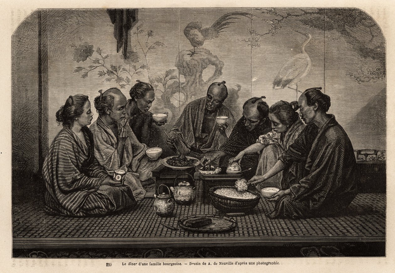 Beim Abendessen einer bürgerlichen Familie, Männer versammeln sich auf einem Tatami, um kleine Kaffeetische, essen Reis in einer individuellen Schüssel und servieren Fleisch und Gemüse in einem gemeinsamen Gericht, während sie Tee trinken, zwei Frauen bedi von Unknown artist