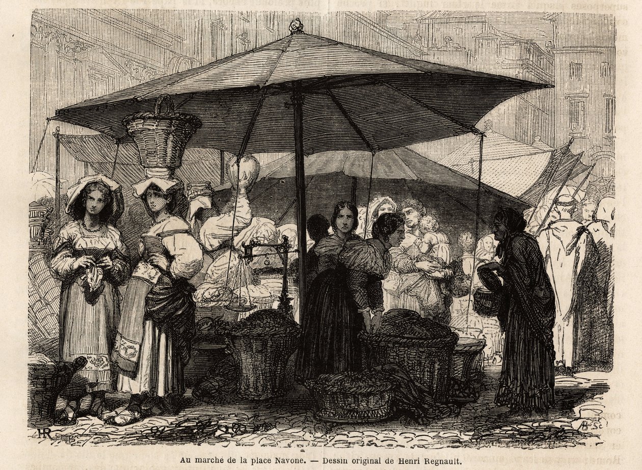 ローマ（イタリア）、ナヴォーナ広場のふもとにて。フランシス・ウェイが1864年から1868年にかけて行ったローマへの航海を描いた版画で、エドゥアール・シャルトンの指導のもと「Le tour du monde, nouveau journal des voyages」に掲載されています。 作： 無名の画家