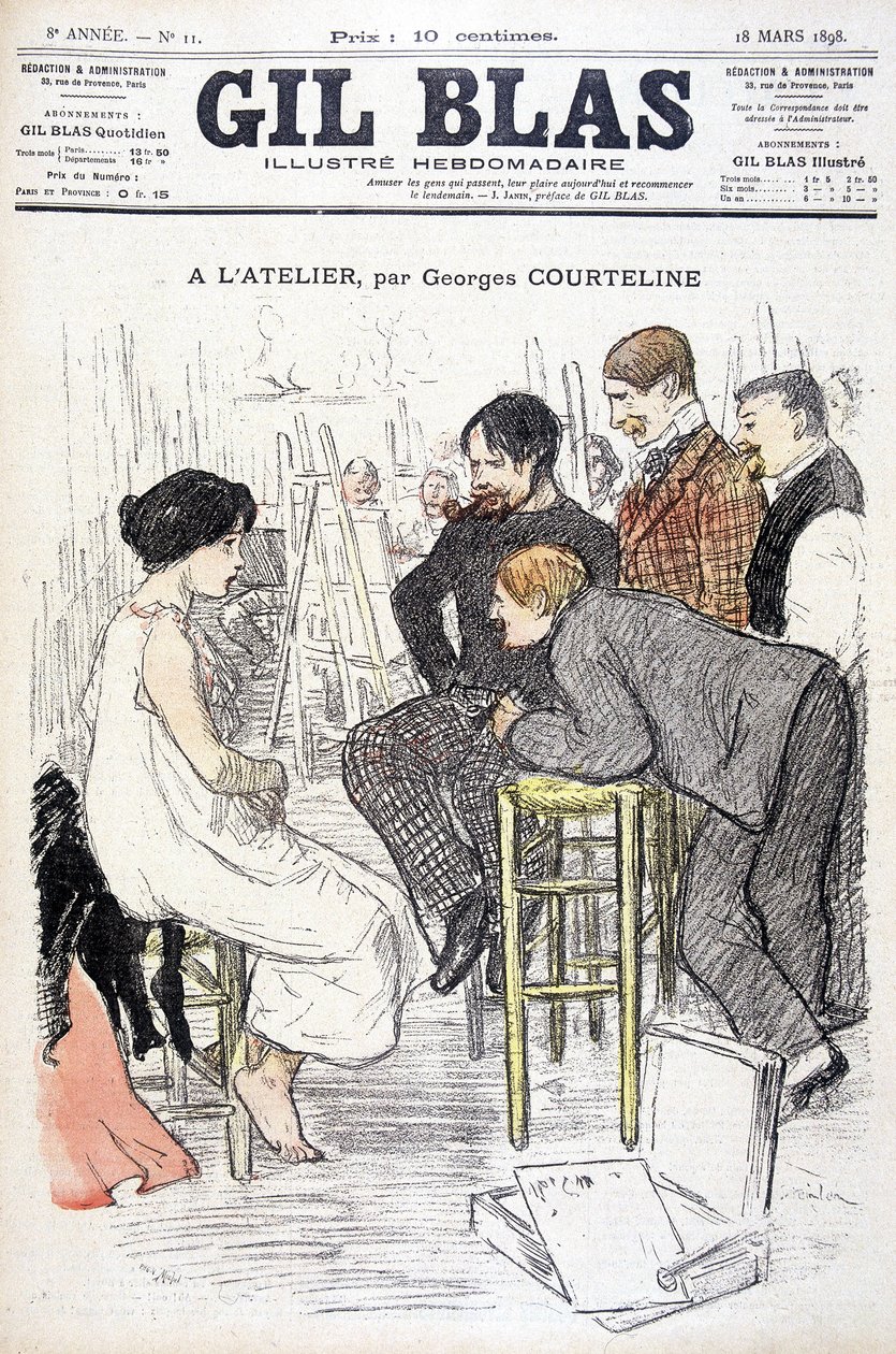 ジョルジュ・コートリーヌの「アトリエにて」。工房でポーズをとる女性を見ている男性。1898年3月18日、"Gil Blas "にて。 作： 無名の画家