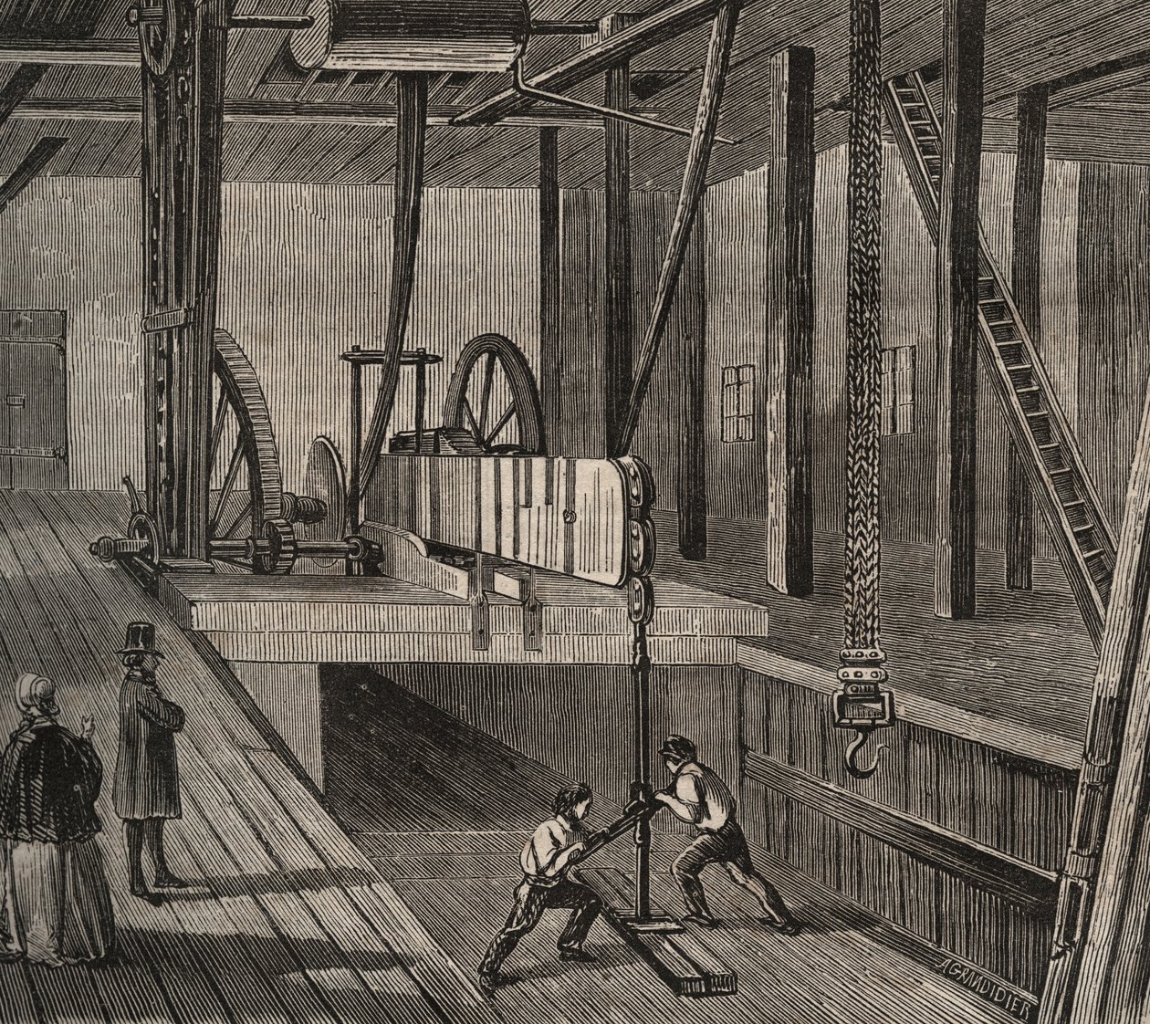 パッシーのアルテシアン井戸掘削のアトリエ。1856年に描かれた "科学博物館 "の版画 作： 無名の画家