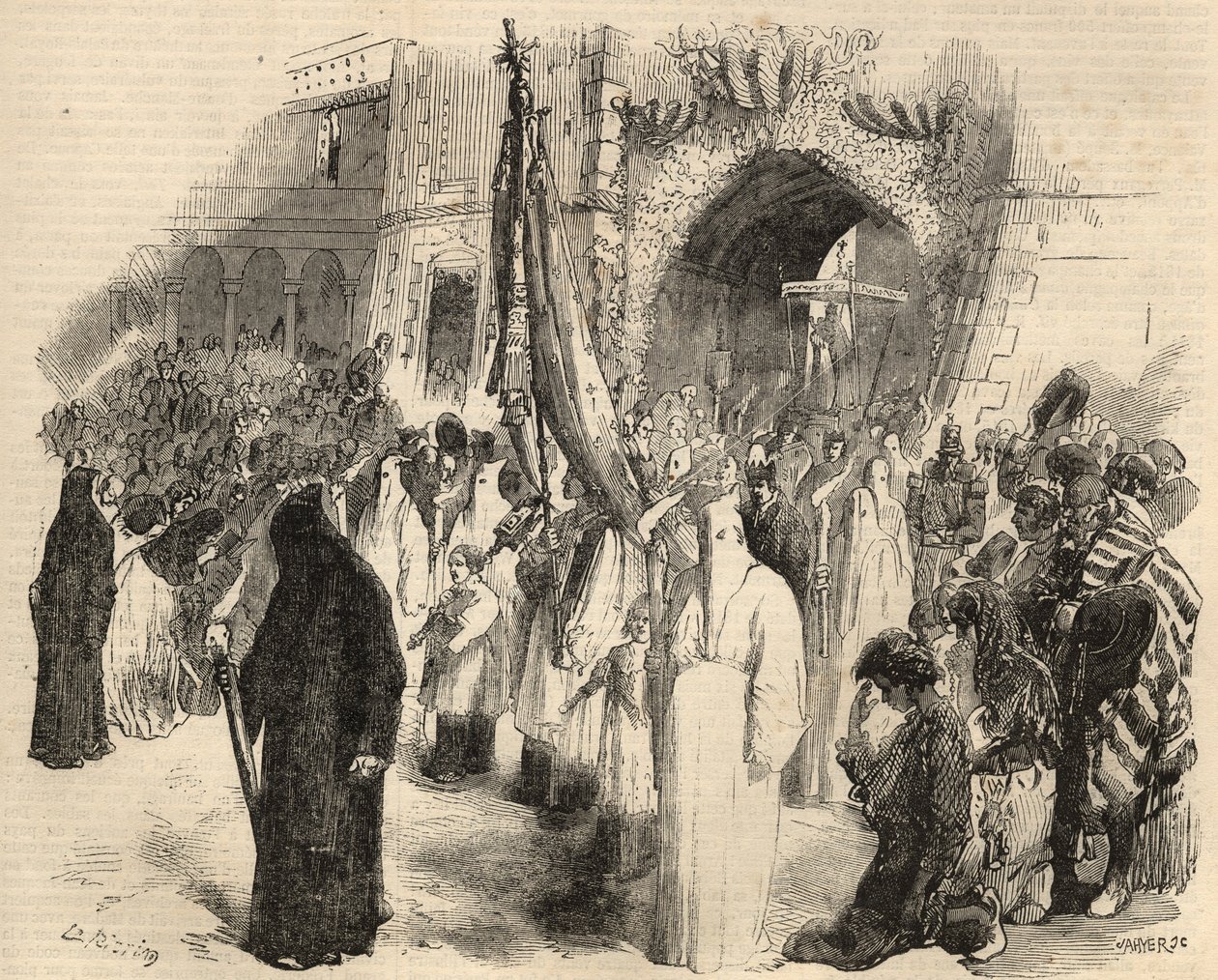 1857年にポルトガルのリスボンで行われた黄熱病停止のための贖罪の行列。1857年の "Le Monde illustrious "に掲載された版画。個人蔵。 作： 無名の画家