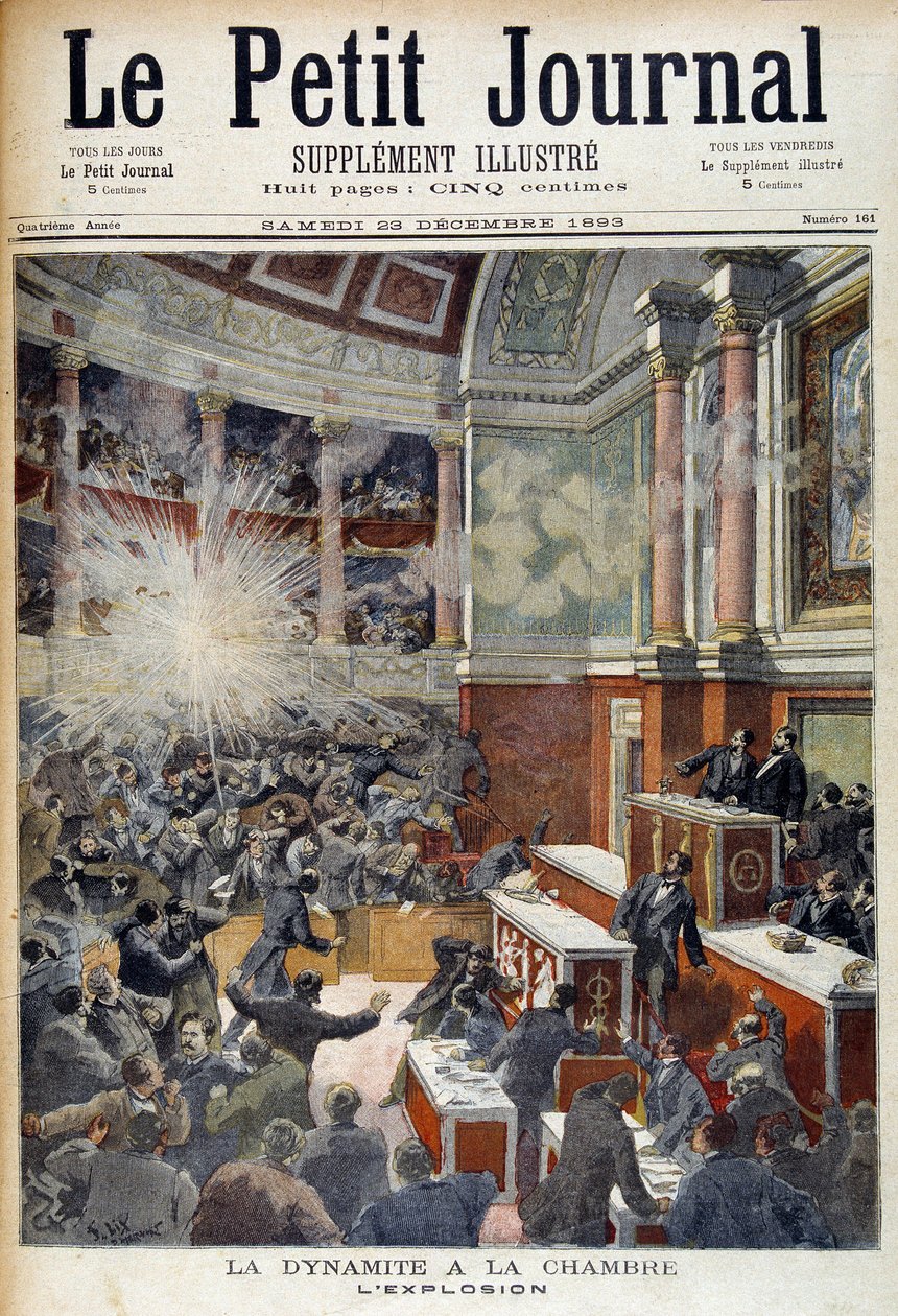 下院での襲撃。無政府主義者Auguste Vaillant（1861-1894）が仕掛けた爆弾による爆発。"Le Petite journal "1893年12月23日付 作： 無名の画家