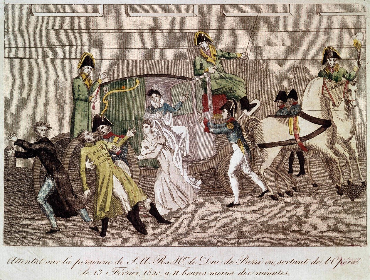 1820年2月13日、オペラ座を出たルイ・ピエール・ルーヴェルによるベリー公爵への攻撃。19世紀のエングレーヴィング。 作： 無名の画家