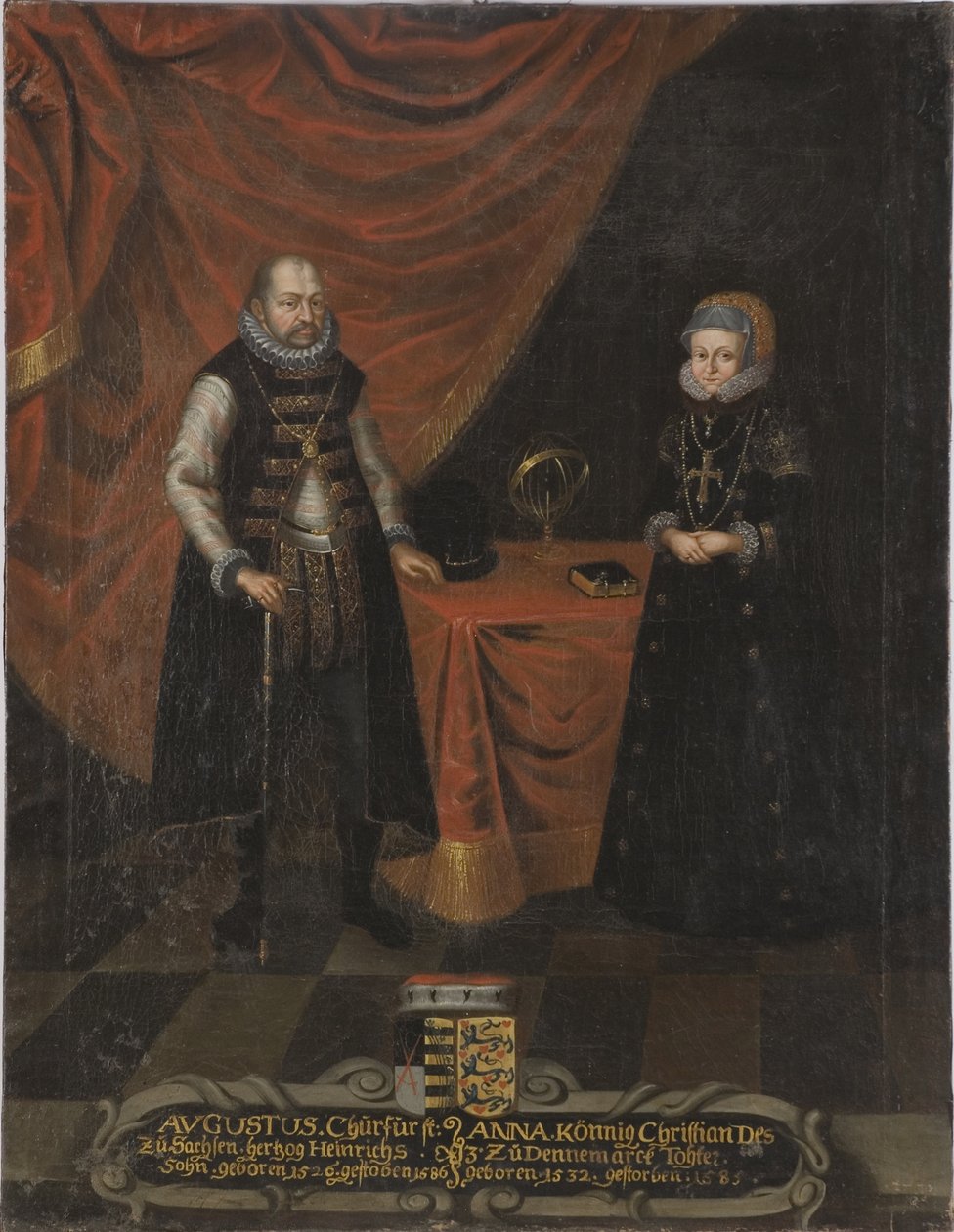 Auguste I, electeur de Saxe et princesse Anne du Danemark - ザクセン選帝侯アウグストゥス(1526-1586)とザクセン選帝侯アンネ(1532-1585)の肖像、匿名 .キャンバスに油彩。サイズ：103x79,5 cmストックホルム国立博物館 作： 無名の画家