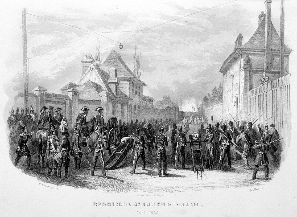 1848年4月、ルーアンのサン・ジュリアンのバリケード - 「Fasttes de Gardes nationales de France」にて 作： 無名の画家