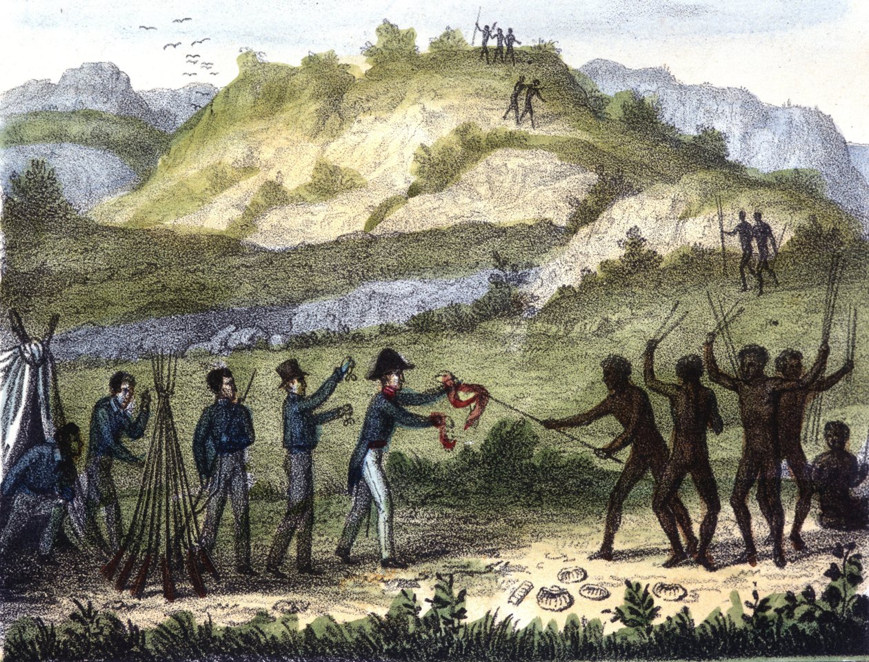 Razze e popoli della Terra "の後の原住民と西洋人の物々交換のシーン、19世紀初頭。 作： 無名の画家