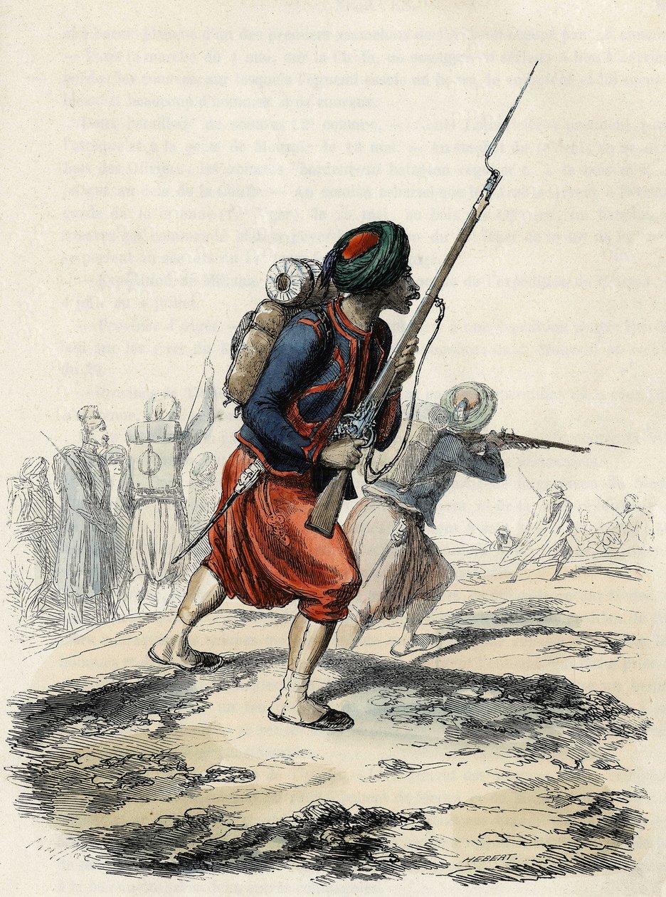 1830年にClausel将軍がアトラスのアルジェリア遠征のために編成した原住民からなるフランス軍のZouavesの大隊で、Leon Galibertの「L