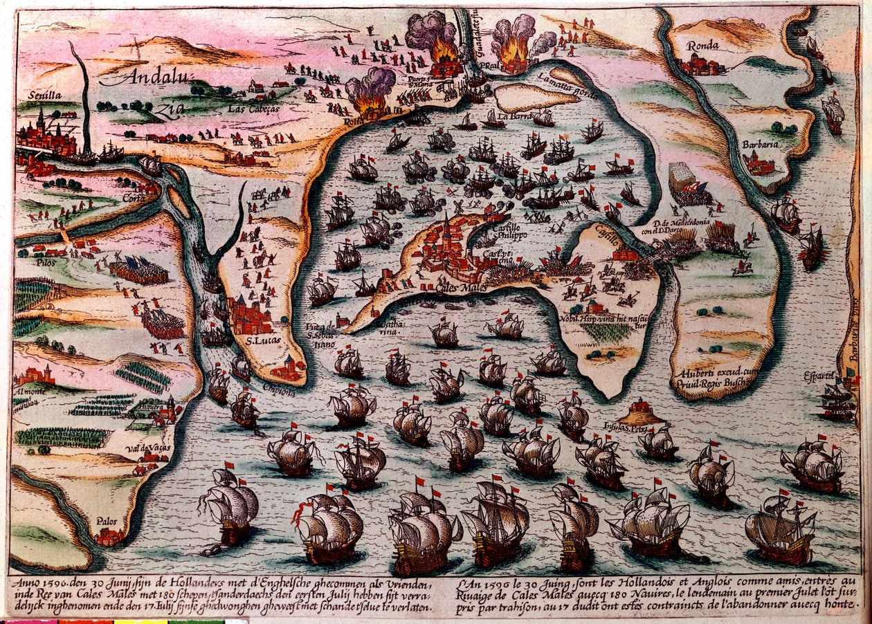 1596年6月30日のCales Males（スペイン）のバトルプラン。オランダ軍とイギリス軍の艦隊は180隻の船でCales Malesに友軍として入る。翌日の7月1日、反逆罪に驚き、恥ずかしながら街を放棄しなければなりませんでした。エングレーヴィング 作： 無名の画家