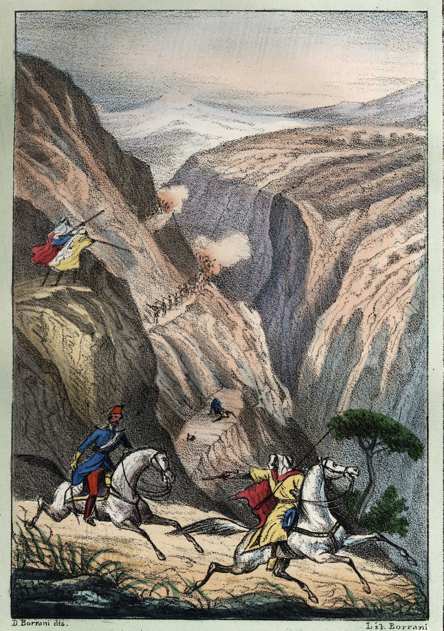 フランス軍とアラブ・レジスタンスとの間で、アトラス山の峠にあるMouzaìaのテニアでの戦い。 作： 無名の画家