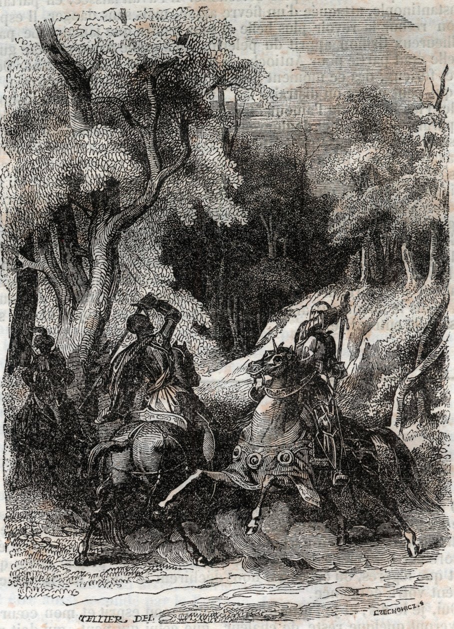 ローランとフェラガスの戦い-アリオスタで知られるルドヴィコ・アリオストの「激情のローラン」（Orlando furioso）（16世紀）より1851年の版画-トレサン伯爵がイタリア語から翻訳し、グスタフ・ハーバードが出版した版。 作： 無名の画家