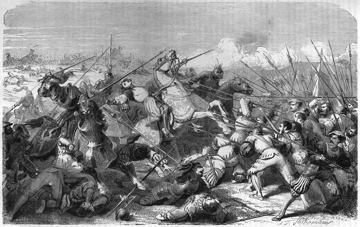 ラヴェンナの戦い（イタリア）、1512年4月11日のヌムール公ガストン・オブ・フォワ（1489-1512）の死。19世紀のエングレーヴィング。 作： 無名の画家