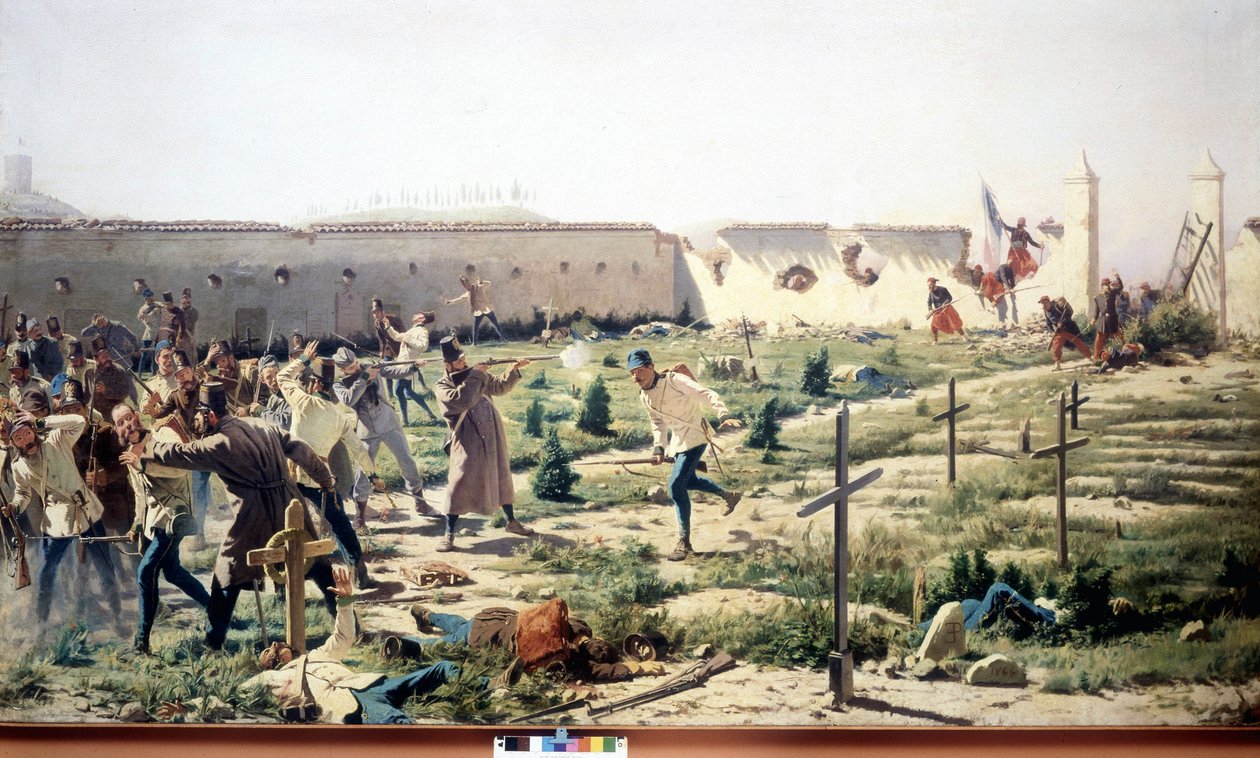 1859年6月24日、フランス・サルデーニャ軍とオーストリア軍が対戦したロンバルディア州ソルフェリーノの戦い。Museo del Risorgimento.ミラノ 作： 無名の画家