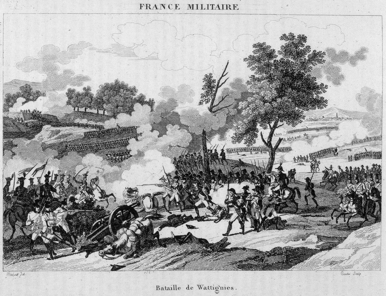 ワティニーの戦い。1793年10月、オーストリア軍に包囲されたモーブージュの街を解放するため、ジュールダンとカルノが勝利を収めた。19世紀のエングレーヴィング。 作： 無名の画家