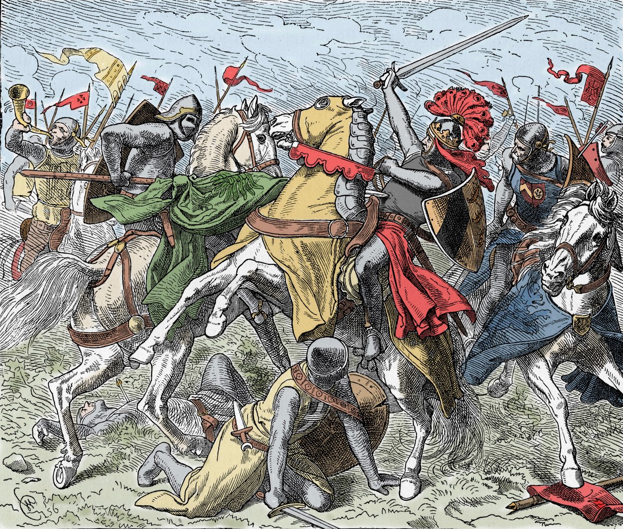 エルスター川の戦い。シュヴァーベンのルドルフが致命傷を負った - サクソン人の反乱（1073-1075年）。ラインフェルデンのロドルフ（1025-1080年頃）、シュヴァーベン公、ローマの反王は、エルスターの近くの戦いで、ヘンリー4世の軍との戦いで致命的な傷を負った。 作： 無名の画家