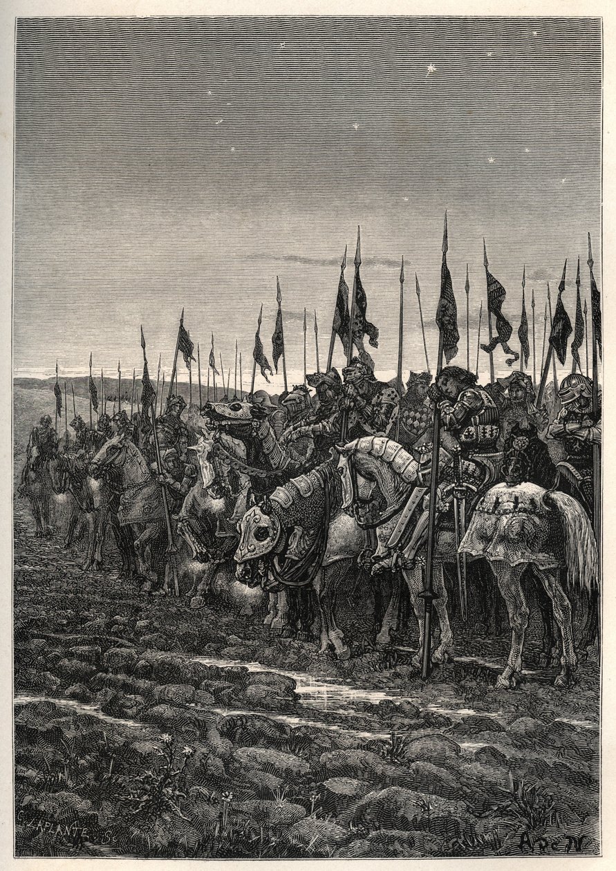 アジンクールの戦いの前に - 100年に一度の戦争。アジンクールの戦い（Pas-de-Calais） 10月25日 作： 無名の画家