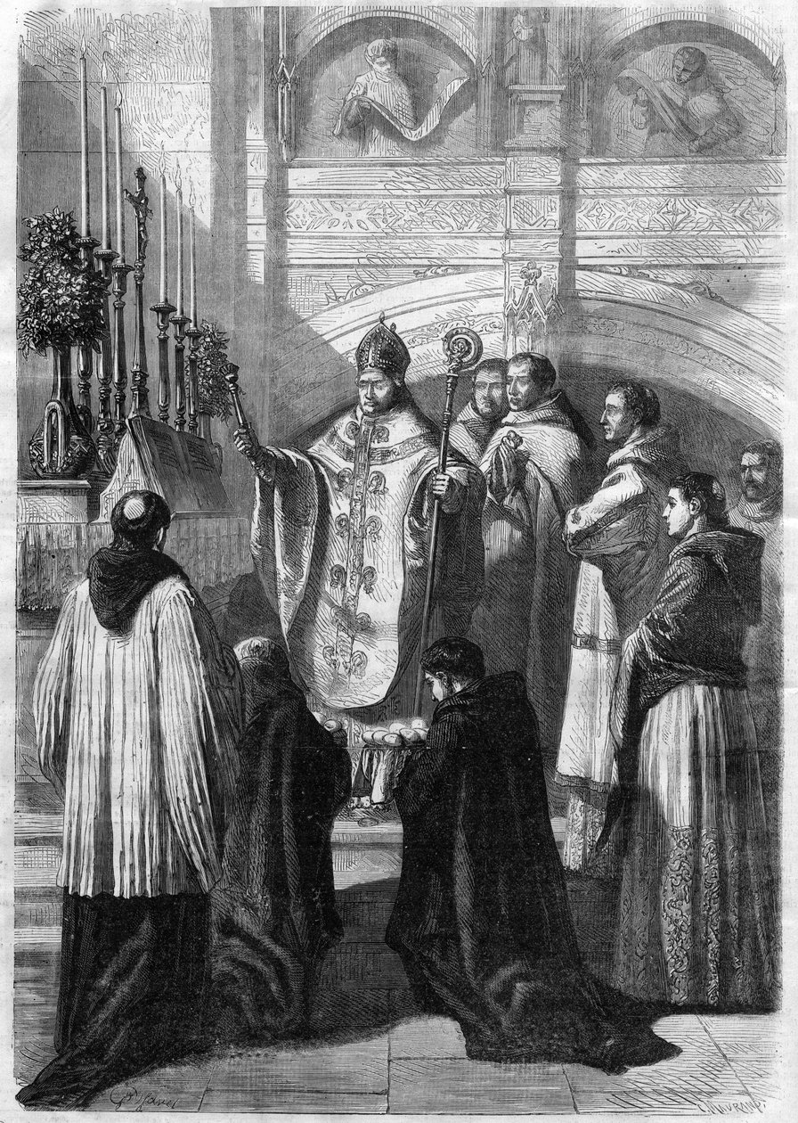 1868年、ソレスム（サルト）の修道院で行われた復活祭の日曜日の卵の聖別式 作： 無名の画家
