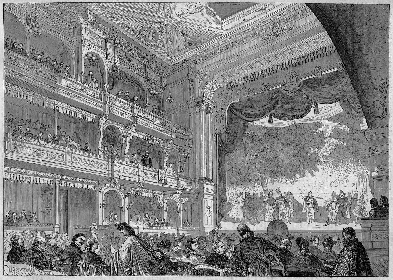 ベルリン、1865年に再建されたヴァルナー劇場の新ホールの風景。1866年11月3日、「L