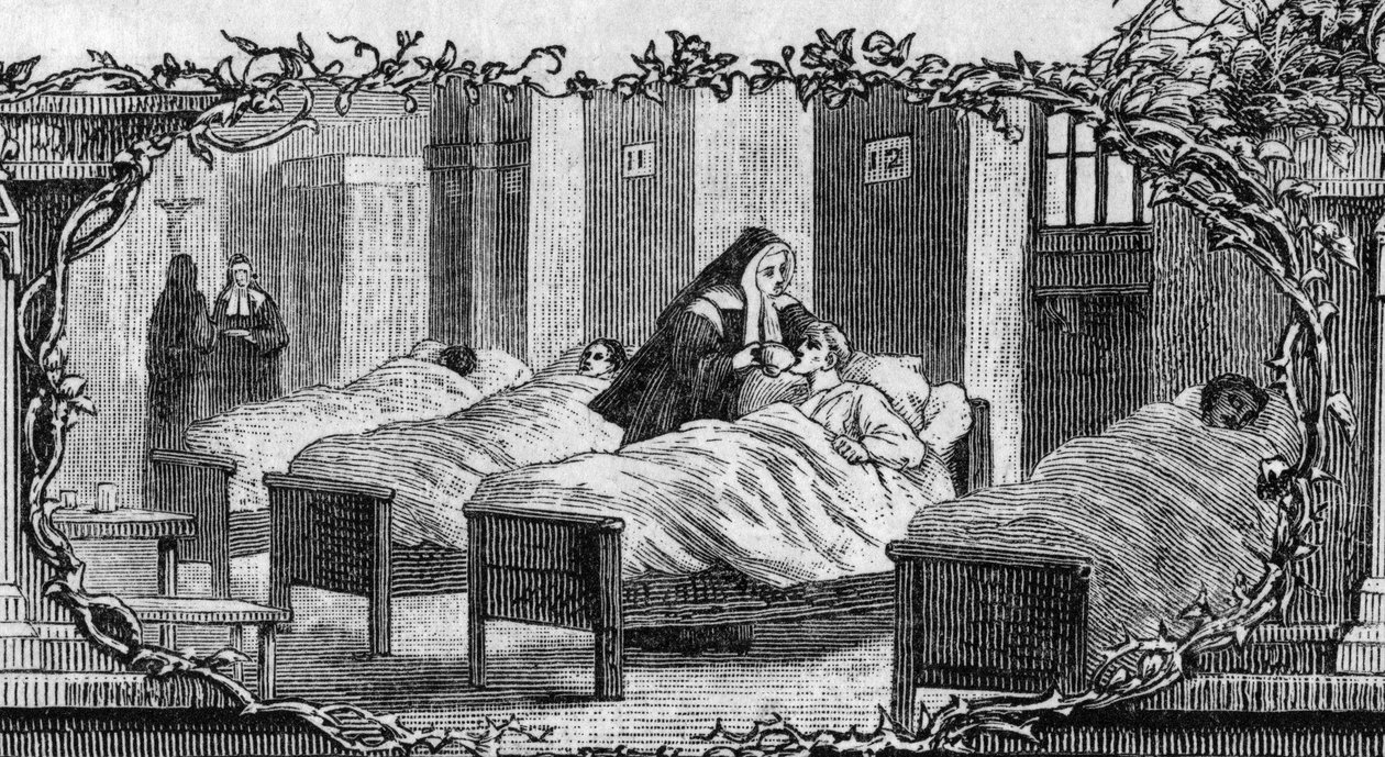 病人の世話をする修道女の服を着たベルナデット・スービロウス（1844-1879）。 作： 無名の画家