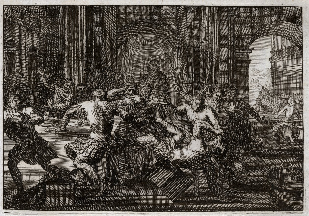 ロワイヨモンの聖書、旧約聖書。アムノンの死。ダビデと和解したアブサロム（またはアブシャロム、アブサロン）は、弟のアムノン（アモン）を宴席に逃がしてしまう。ダビデはエルサレムからの逃亡を余儀なくされ、この迫害を驚異的な忍耐力で受け止める。Il 作： 無名の画家