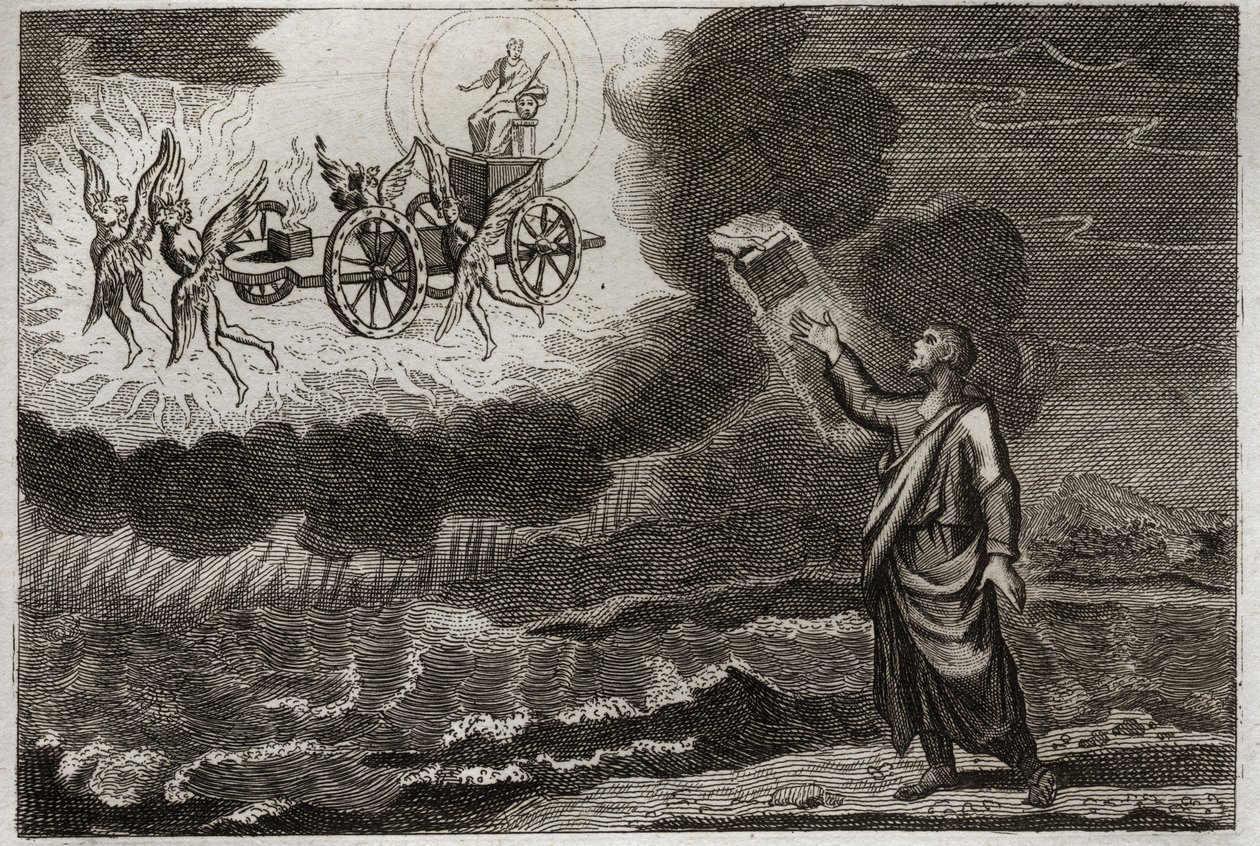 ローヤルモンの聖書、旧約聖書。エゼキエルのプロフェット聖預言者は、主が4人のケルビン（tetramorph）に運ばれた荷車に乗って現れたというビジョンを見た。1811年のイラスト。 作： 無名の画家