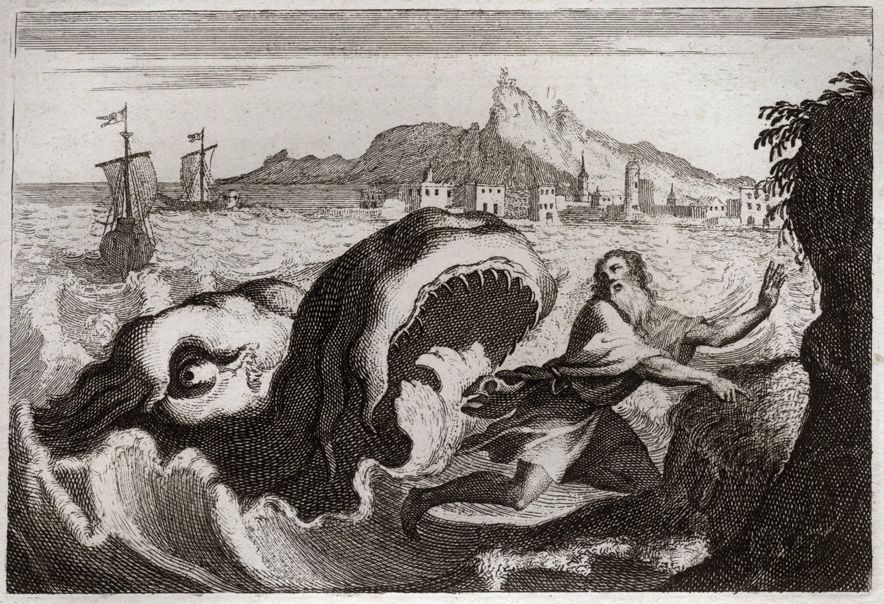 ローヤルモンの聖書、旧約聖書。クジラの中のヨナ預言者ヨナはクジラの中で生き、生きて帰ってくる。1811年のイラスト。 作： 無名の画家