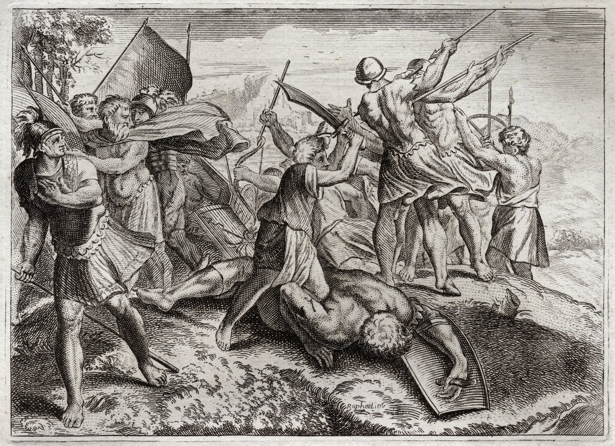 ロワイヨモンの聖書、旧約聖書。ヨナタスのポンティフ。ヨナタス（ジョナサン）は、兄のユダ・マカビー（マカビー、Macabee）の後を継いで、セレウキデスに対する反乱の先頭に立つ。彼はいくつかの勝利を収めた。ディオドテ・トリフォンは、ついに彼を反逆で驚かせ 作： 無名の画家