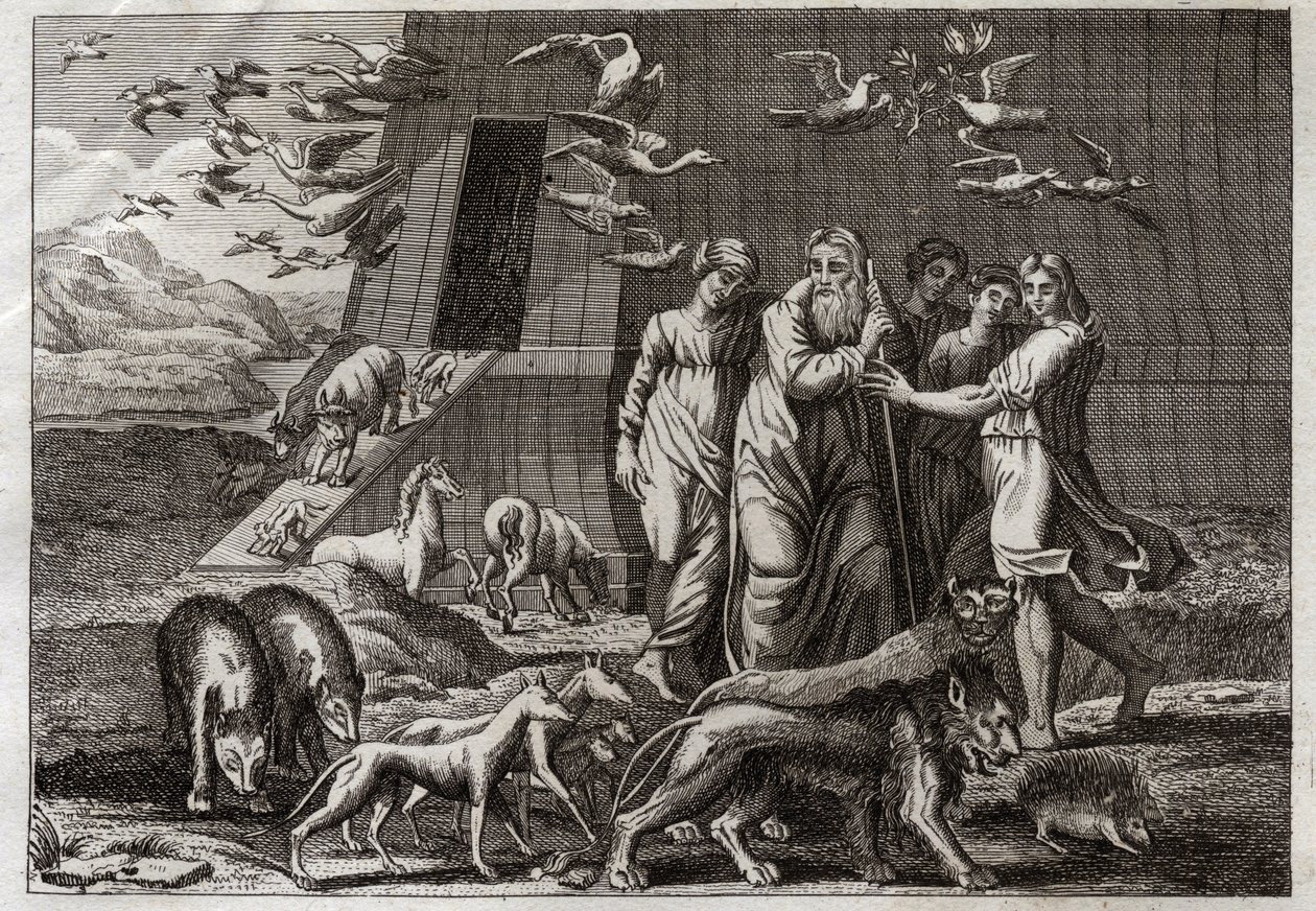 Bibel von Royaumont, Altes Testament: Der Regenbogen. Noe verlässt die Arche und opfert Gott, der es wohlwollend annimmt. Er verspricht, keine Sintflut mehr auf die Erde zu senden. Er gibt den Regenbogen als Zeichen der Wahrheit dieses Versprechens. Illust von Unknown artist