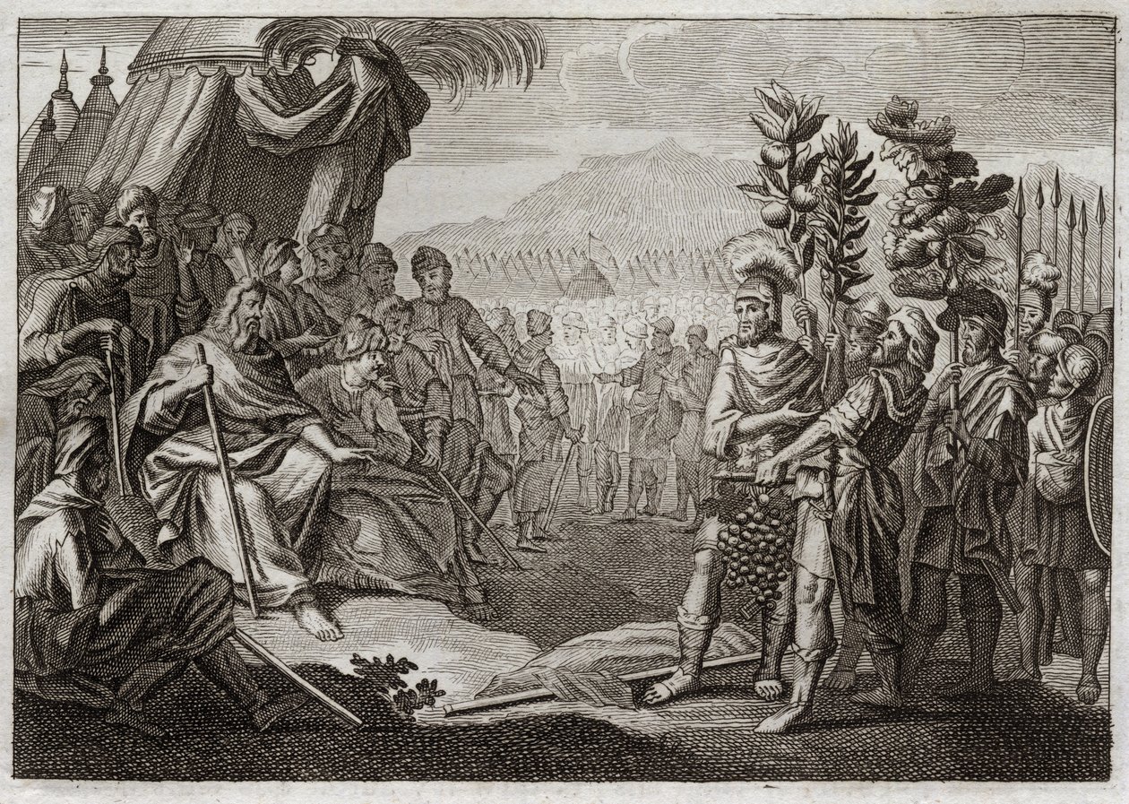 ローヤルモンの聖書、旧約聖書。12人のスパイモーセはカナンの地（約束の地）を認識するために十二人のスパイを送った。彼らは民衆にささやき声をあげさせ、神はこのつぶやきを罰するために、彼らがこの地上に入ることはないと断言する。イラストレータ 作： 無名の画家