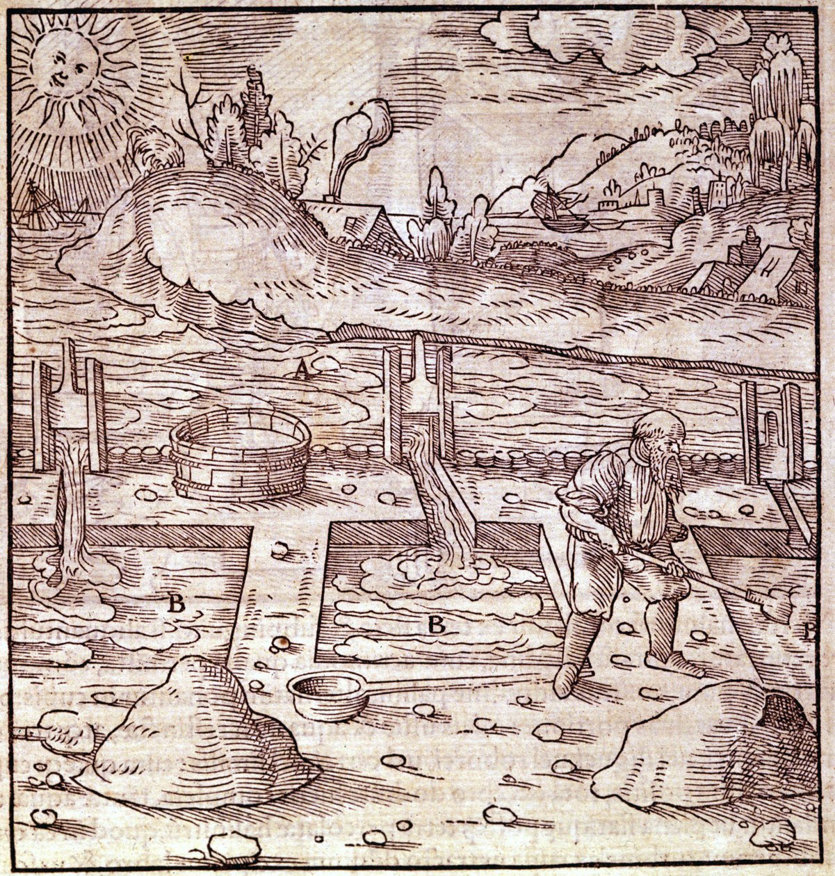 瀝青の回収。Georg Bauer "Agricola De Re metallica" book of the 15th century.ミラノの科学博物館の聖書。 作： 無名の画家