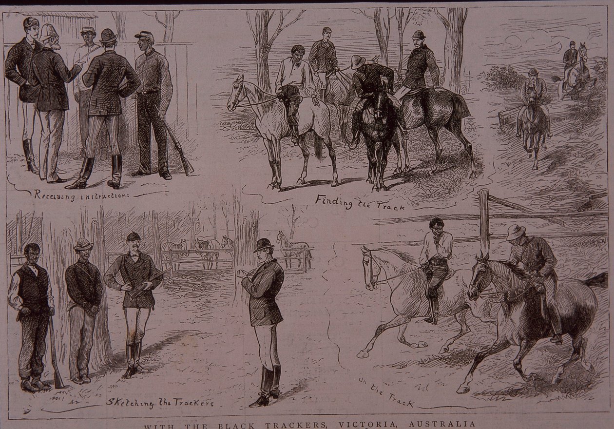 1881年、オーストラリアのビクトリア州でブッシュレンジャーを追跡するブラックトラッカーズ（彫刻）。 作： 無名の画家