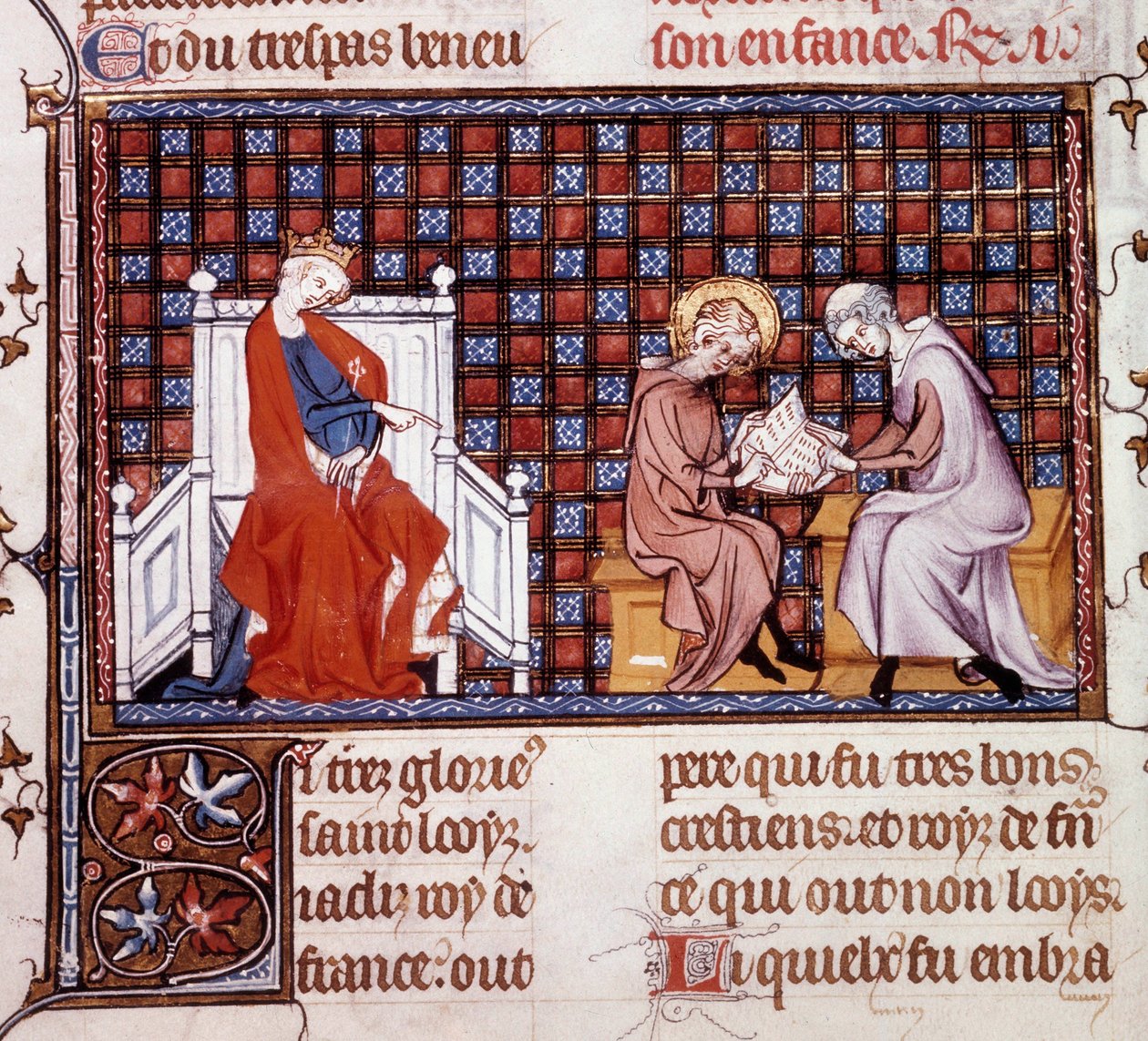 息子ルイ9世（1214-1270）の教育を指導するフランス王妃ブランシュ・ド・カスティーユ（1188-1252）（サン・パススのウィリアムによる写本「サン・ルイの生涯と奇跡」からのサン・ルイの細密画 作： 無名の画家