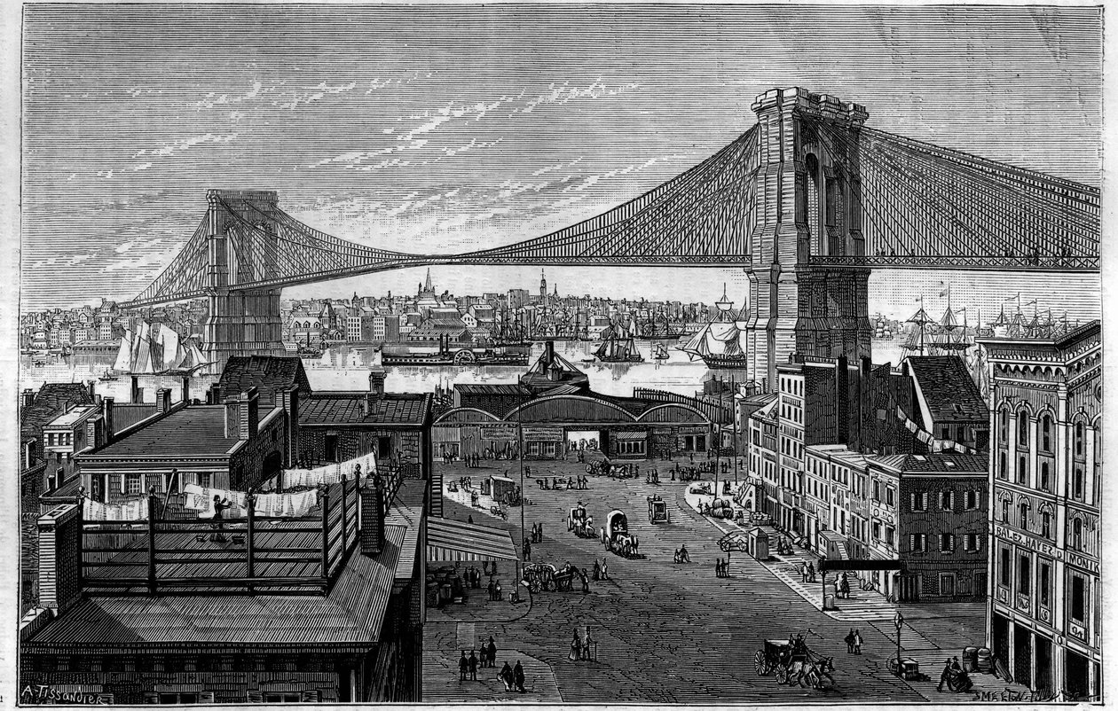 ブルックリン橋。1869年着工、彫刻時は建設中、1883年完成予定。ニューヨーク（New York）、アメリカ合衆国（United States）。La Nature: revue des sciences et de leurs applications aux arts et a l
