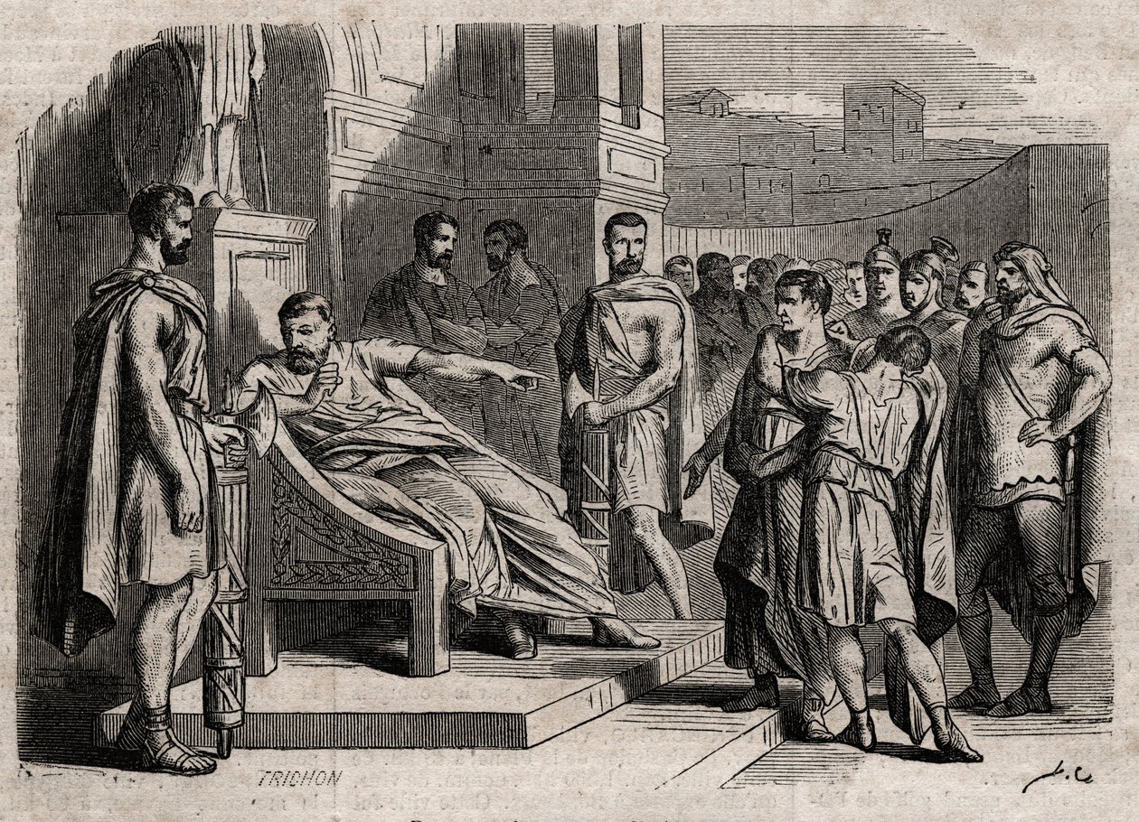 息子の死を宣告するブルータス - 息子の死を宣告するブルータス（Marcus Junius Brutus、紀元前85～42年） - "Dictionnaire populaire illustrious" の刻印 - 1864年 - Joseph Decembre と Edmond Allonier による - 。 作： 無名の画家