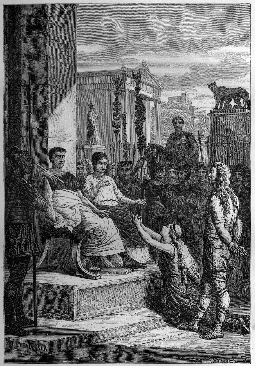 CAPTIVITY OF CHAMACUS - Caratacus (Caratacos, Caratacus) in captivity with his family addresses the Roman Emperor Claudius (Claude I) (10 BC-54 AD) - Engraving in "L