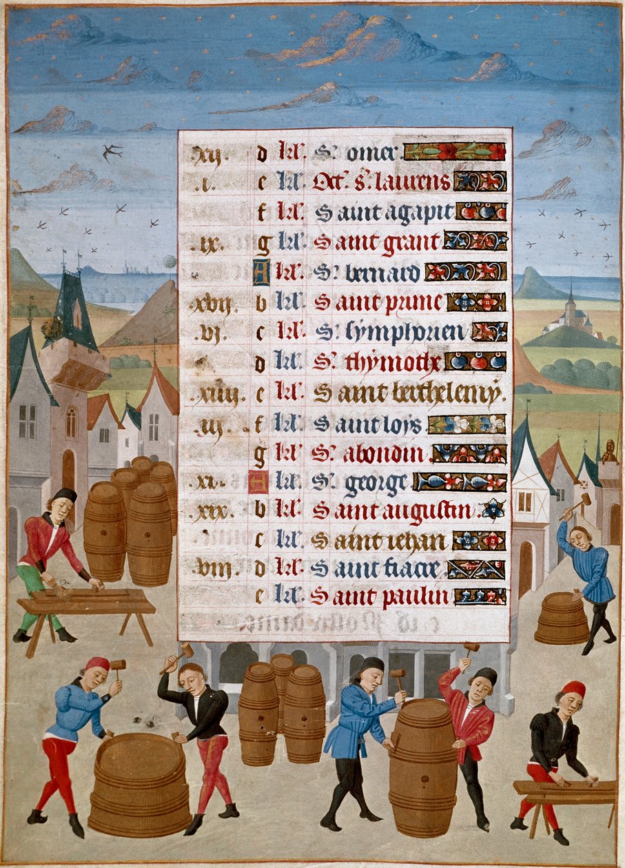 カレンダー。8月 ワイン樽の製造 「ブルゴーニュ公爵夫人サヴォイのアデレードの時間」14601465年のシャンティイ、コンデ美術館