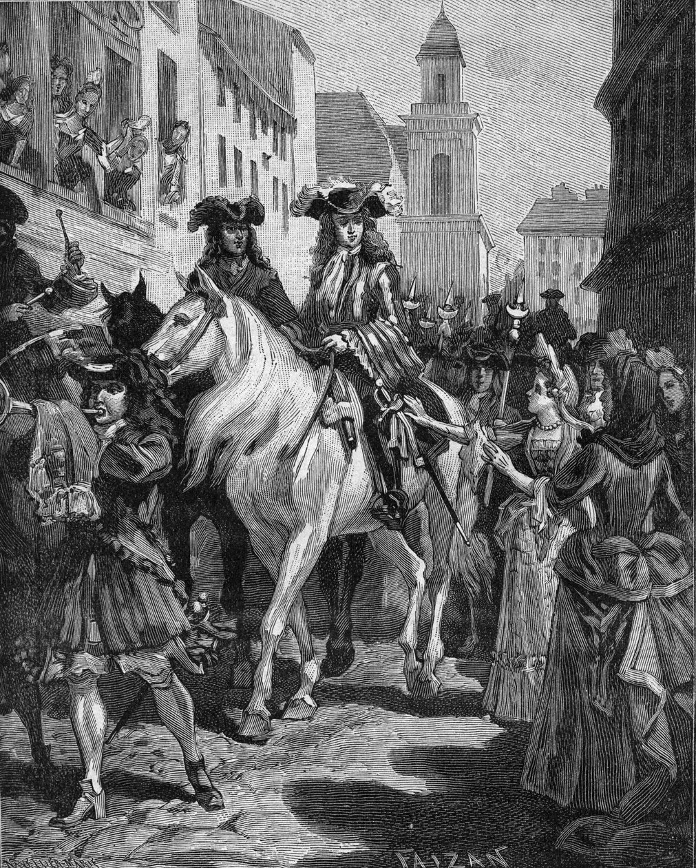 カミサール戦争（1702～1704年）。カミサールのリーダー、ジャン・カヴァリエ（1681-1740）に触れようとするカトリック教徒。Nimes, Gard (30).19世紀のエングレーヴィング。ジュール・ミシュレ著『フランス史』より 作： 無名の画家