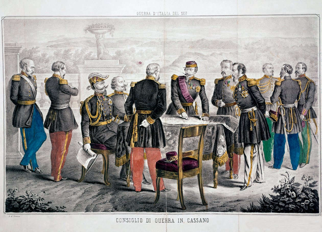 1859年のイタリアのキャンペーン。ヴィットリオ・エマヌエーレ2世（ヴィクトル・エマヌエルまたはヴィクトル・エマヌエル）と皇帝ナポレオン3世の会談が行われたカッサーノの軍議。個人蔵 作： 無名の画家