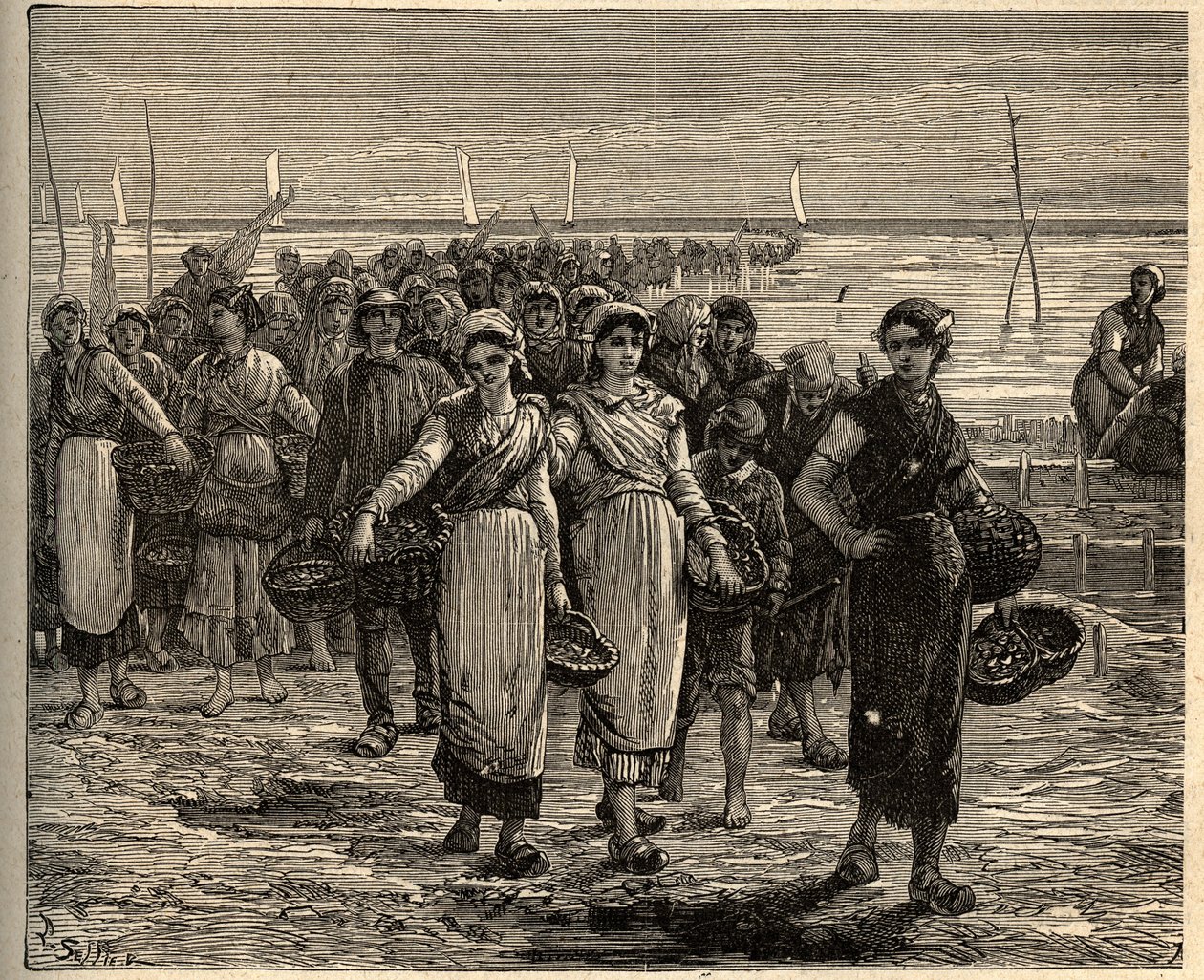 Cancale - Brittany - Les cancalaises au retour des bateau de fishing - - engraving in "PATRIE" - DESCRIPTION PECTUREQUIREQUE DE LA FRANCE EN 6 VOLUES BY LUCIEN HUARD - end 19世紀 作： 無名の画家