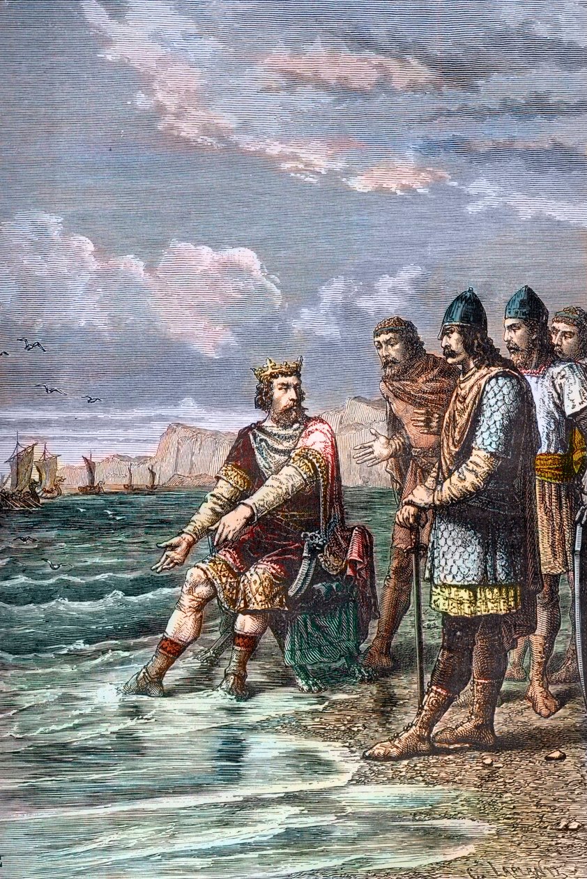 カヌート大王、自分には流れを止める力がないことを仲介人に納得させる - カヌート2世大王（クヌート1世大王）（995～1035年頃）、1016年からイングランド王、1018年からデンマーク王、1030年からノルウェー王に就任 - 廷臣たちに、自分には流れを止める力がないことを示す。 作： 無名の画家