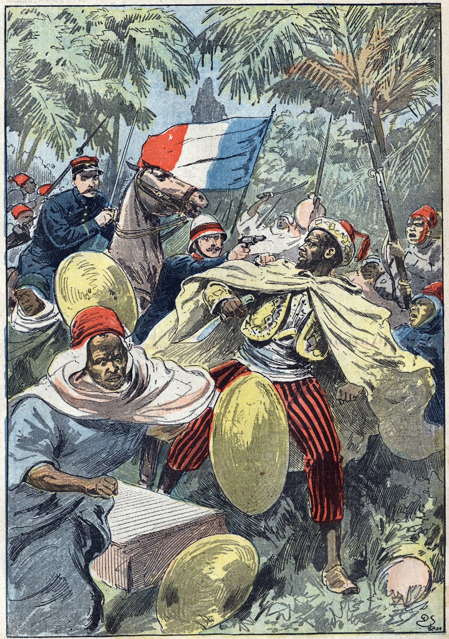 スーダンの指導者でフランスのアフリカ植民地化に反対したサモリー・トゥーレ（1830年頃～1900年）を、グロー大尉とジャクイン中尉が捕らえます。スーダン 作： 無名の画家