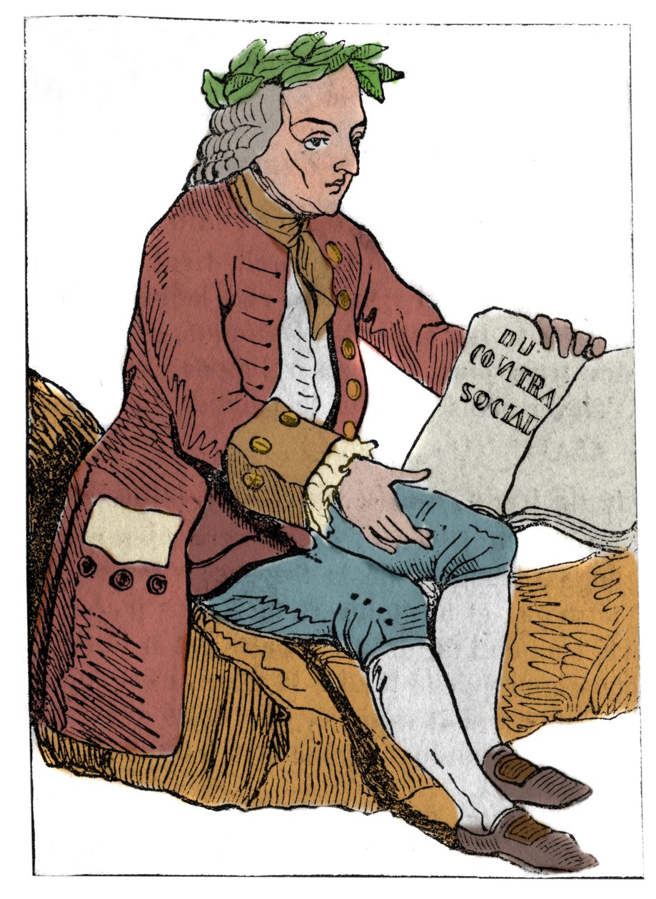 王国崩壊後の1792年9月21日に国民会議で発表されたフランス共和国（1793年）のプレイカード：ジャン・ジャック（Jean Jacques）・ルソー（1712-1778）の特徴を生かした哲学者のキャラクター「社会契約への道 作： 無名の画家