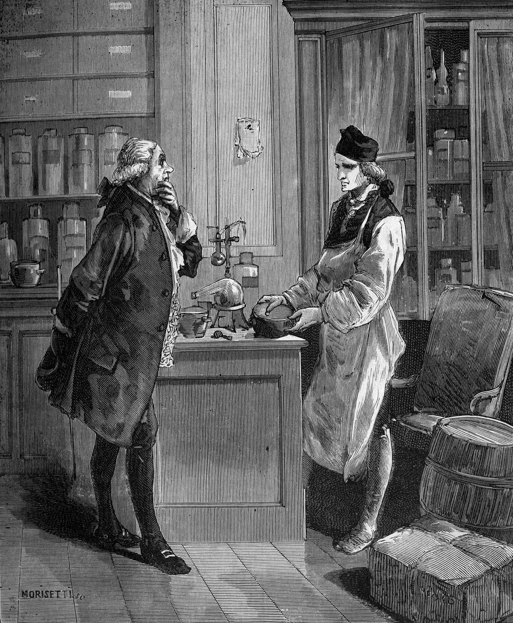 スウェーデンの化学者カール・ウィリアム（ギヨーム）・シェーレ（1742 -1788）と、化学者トーベルン・バーグマン（1735 -1784）の研究室にて。 作： 無名の画家