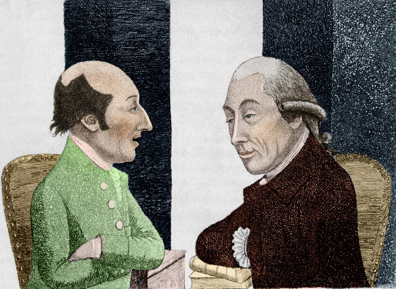 左がジェームズ・ハットン（1726 - 1797）、右がジョセフ・ブラック（1728 - 1799）の漫画 19世紀初頭のエングレーヴィング 作： 無名の画家